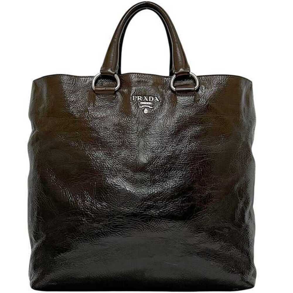 Prada Tote Bag Brown Gradient Patent Vernis Leather Logo Silver Dark
